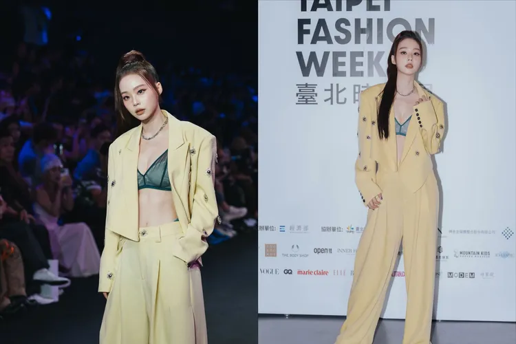 孫淑媚以黃色西裝套裝內搭綠色薄紗Bra，又綁起高馬尾，被網友稱撞臉Jennie。翻攝孫淑媚IG