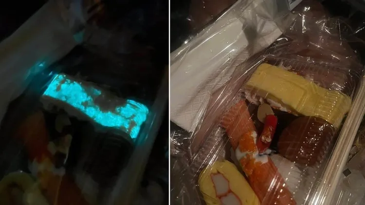 泰国脸书用户贴出了发光寿司,从对比图中可以看见甜蛋寿司在黑暗中发出亮光。