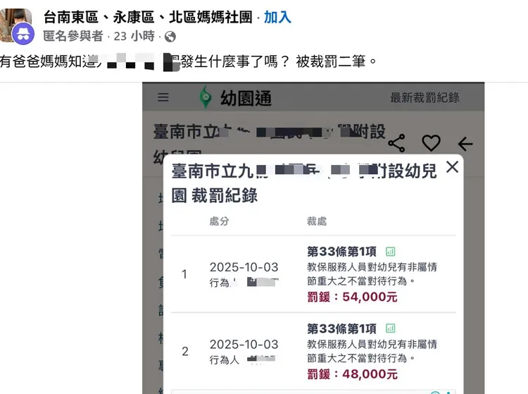 南市教育局調查後認定「非屬情節重大的不當管教及不當對待」，共裁罰10萬2000元。取自臉書