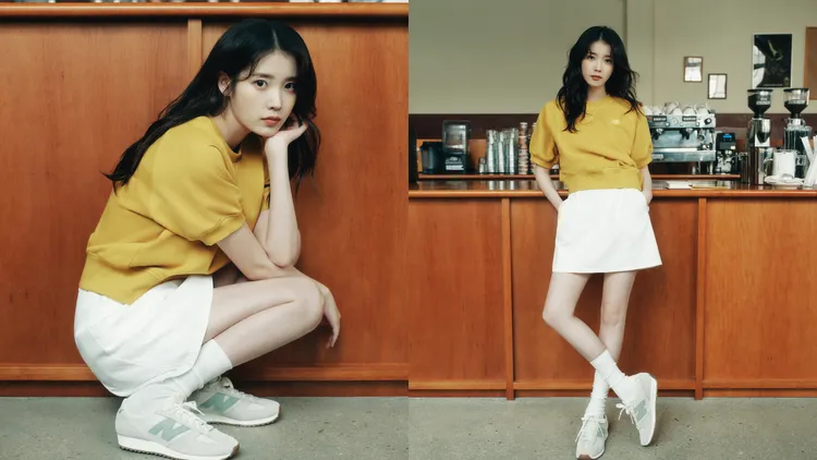 IU以黃色上衣、白短裙搭配綠色款的471跑鞋。品牌提供