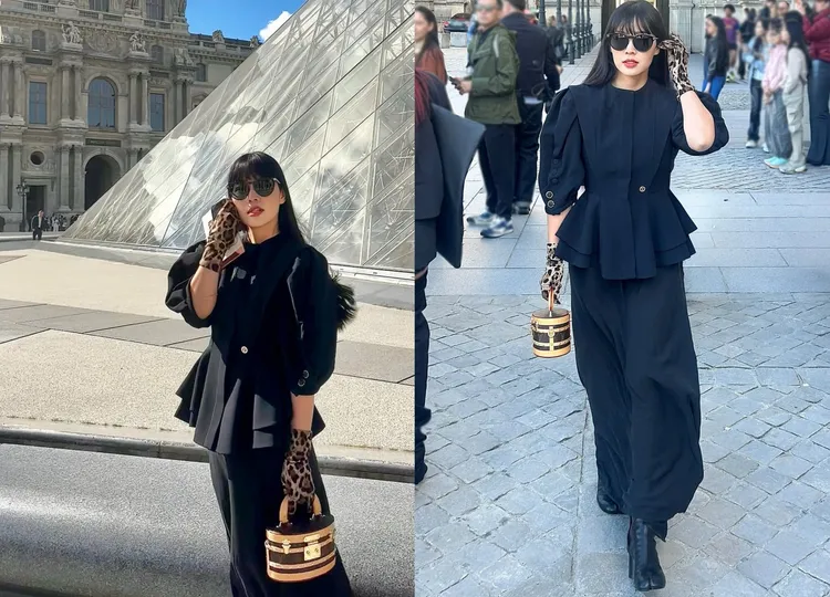 廖曉喬在全黑造型中以豹紋手套點綴出時髦個性。翻攝廖曉喬IG