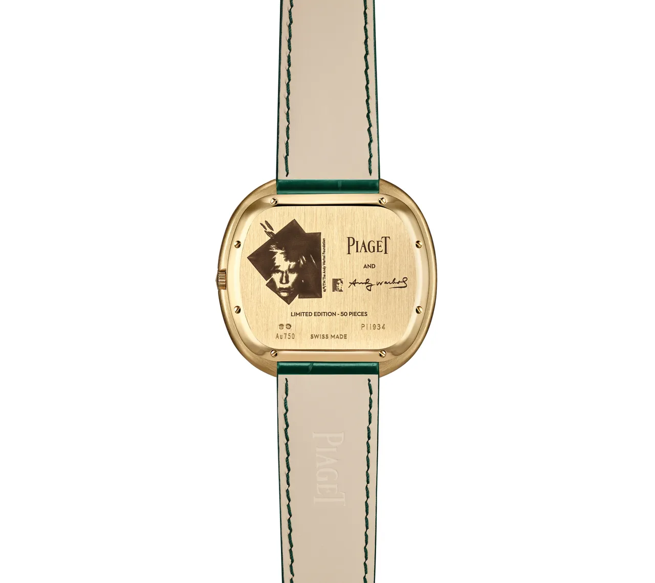PIAGET Andy Warhol系列Collage 18K黄金彩色宝石面盘自动上链腕表,45mm,18K黄金表壳,黑玛瑙表盘(镶嵌黄色蛇纹石、粉红蛋白石与绿玉髓),绿色鳄鱼皮表带,PIAGET自制501P1自动上链机芯,动力储存约40小时,防水深度30米,限量50只,237万元。品牌提供