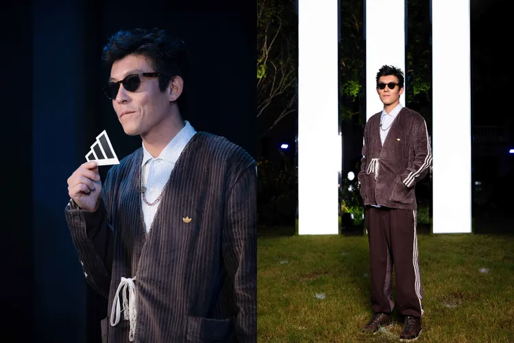 陳冠希以咖啡色燈芯絨外套搭配同色調三線長褲。品牌提供