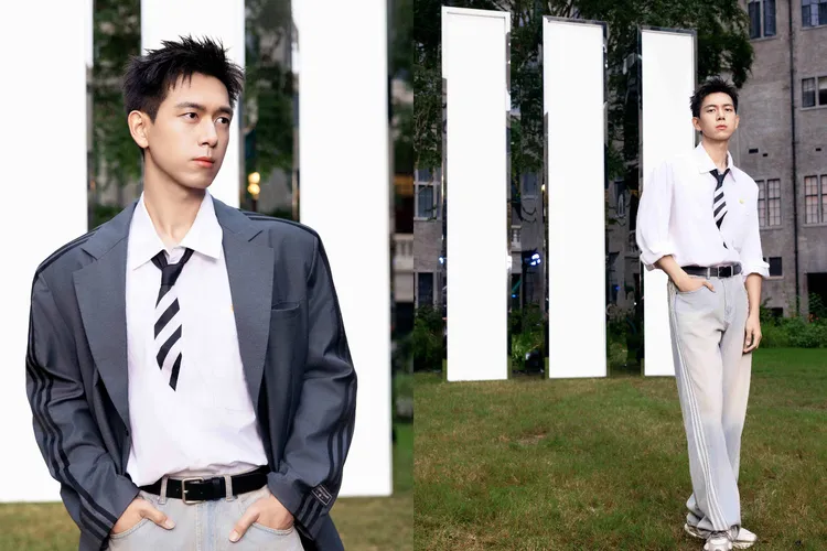 李現以灰色西裝外套搭配襯衫、牛仔長褲，俐落中不失休閒感。品牌提供