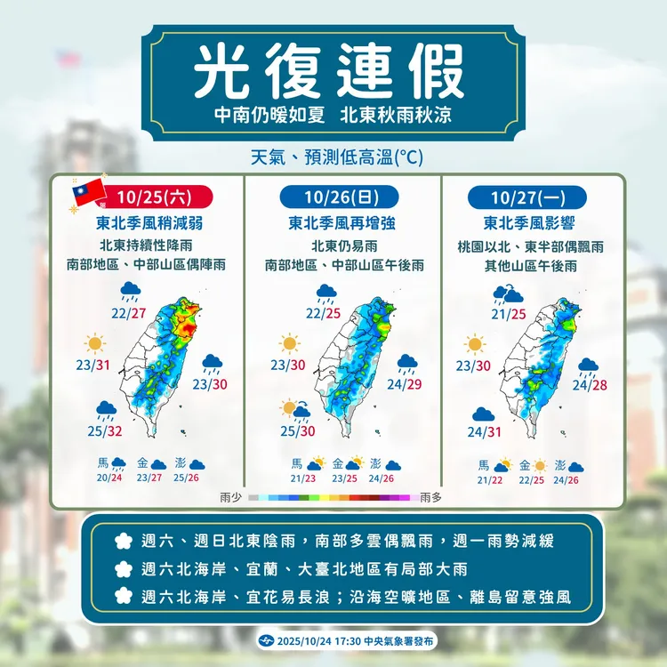 迎風面地區將在陰雨中度過光復連假。中央氣象署