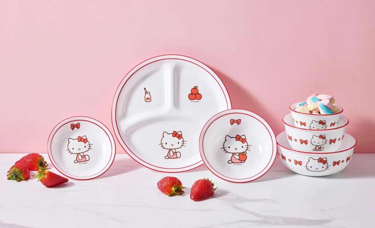 Hello Kitty首度跃上康宁餐具,一口气推出6款商品及六大多件组优惠。业者提供