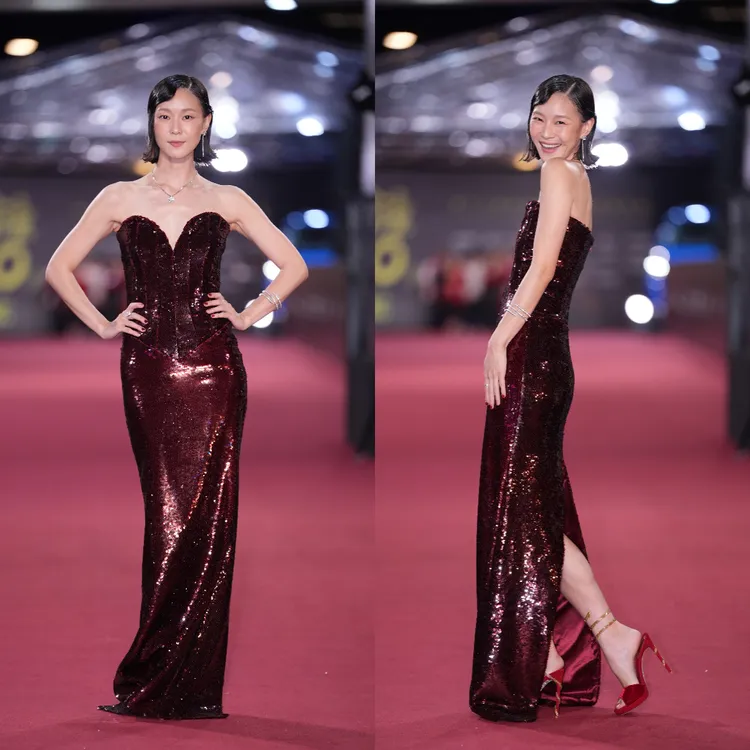 鍾瑶換上緊身酒紅色亮片禮服秀出高挑修長身形。攝影中心攝