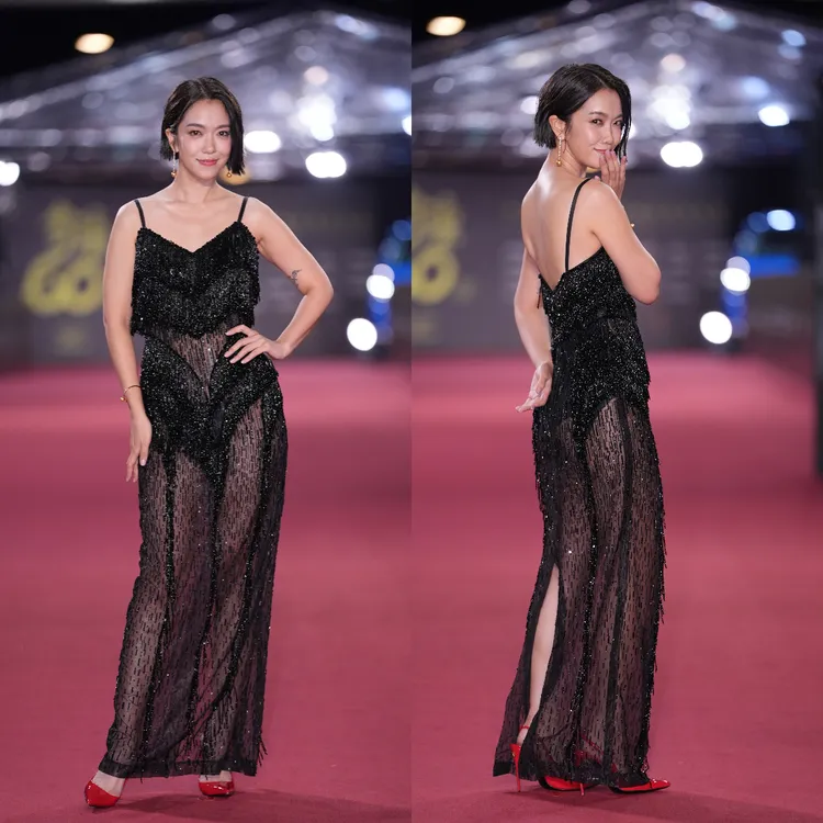 大霈換上黑色透膚洋裝，一轉身更可見翹臀曲線。攝影中心攝