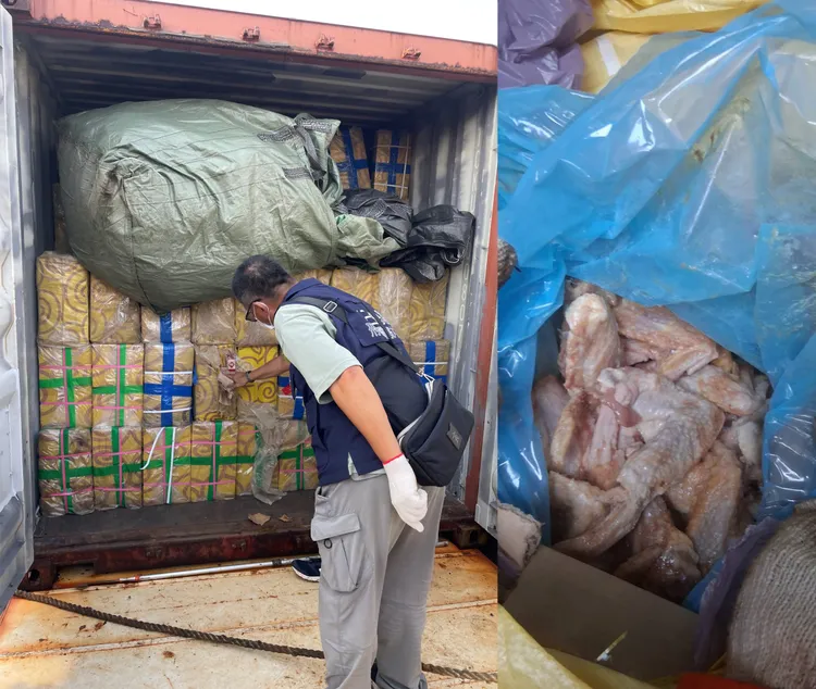 檢警海巡查扣中國製私菸，冷凍肉品則以「不落地」原則處理，訊後船上台籍男子交保、船長及船員飭回，船隻已經離境。民眾提供