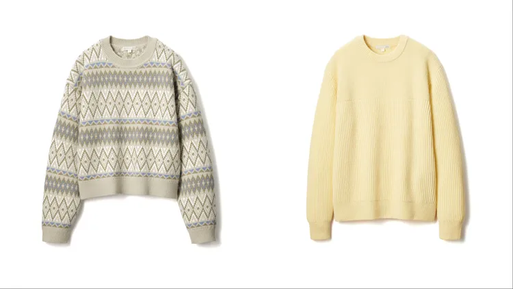 UNIQLO x JW ANDERSON女裝圖紋圓領針織衫（左）、男女適穿羅紋圓領針織衫（右），各1290元。品牌提供