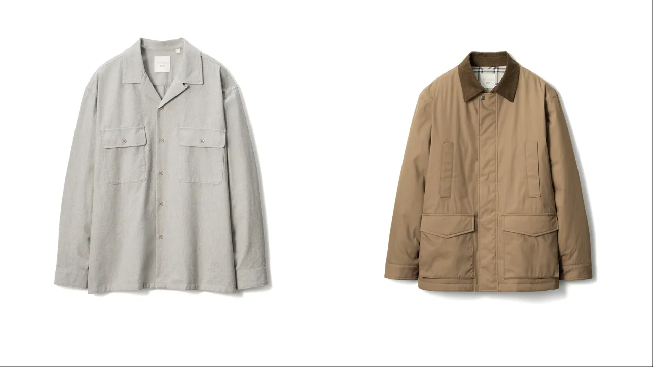 UNIQLO x JW ANDERSON男裝磨毛棉質開領寬版襯衫(左)1290元、男裝PUFFTECH輕暖科技工裝外套(右)2990元。品牌提供