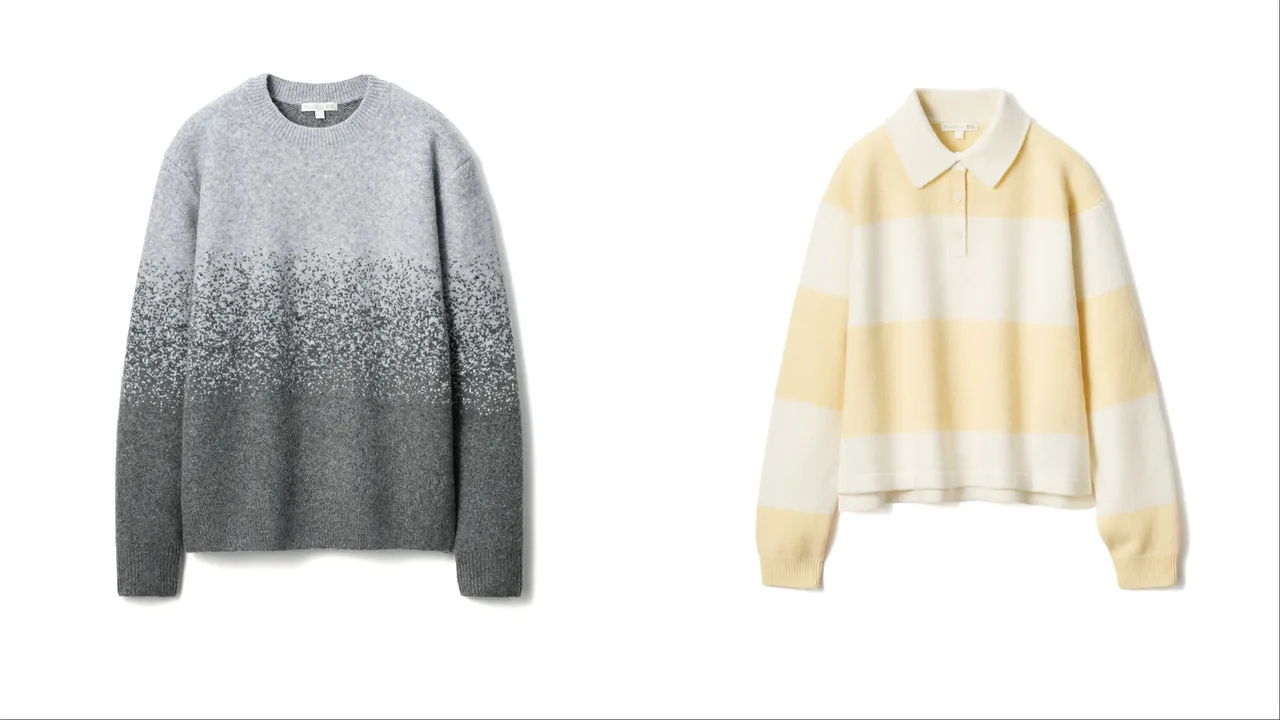 UNIQLO x JW ANDERSON男女適穿舒膚圓領針織衫(左)、女裝柔滑棉條紋POLO針織衫(右),各1290元。品牌提供