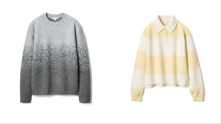 UNIQLO x JW ANDERSON男女適穿舒膚圓領針織衫（左）、女裝柔滑棉條紋POLO針織衫（右），各1290元。品牌提供