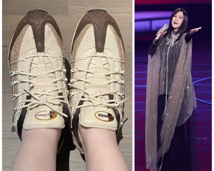 江蕙開心試穿周董送給她的聯名鞋。經紀團隊提供