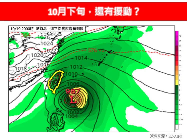 十月下旬仍菲律賓東方海面可能有熱帶擾動形成，需持續追蹤觀察。翻攝林老師氣象站臉書