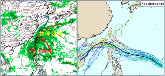 台灣東南方熱帶系統路徑通過巴士海峽、呂宋島北端一帶，可能與東北季風形成共伴效應。氣象應用推廣基金會