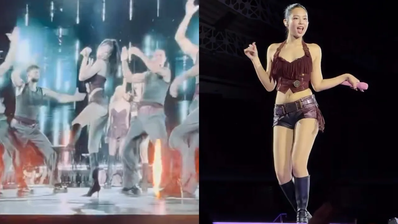 Jennie再度踩上D+AF及膝长靴于台上热舞。翻摄Jennie IG、jennieiokies IG