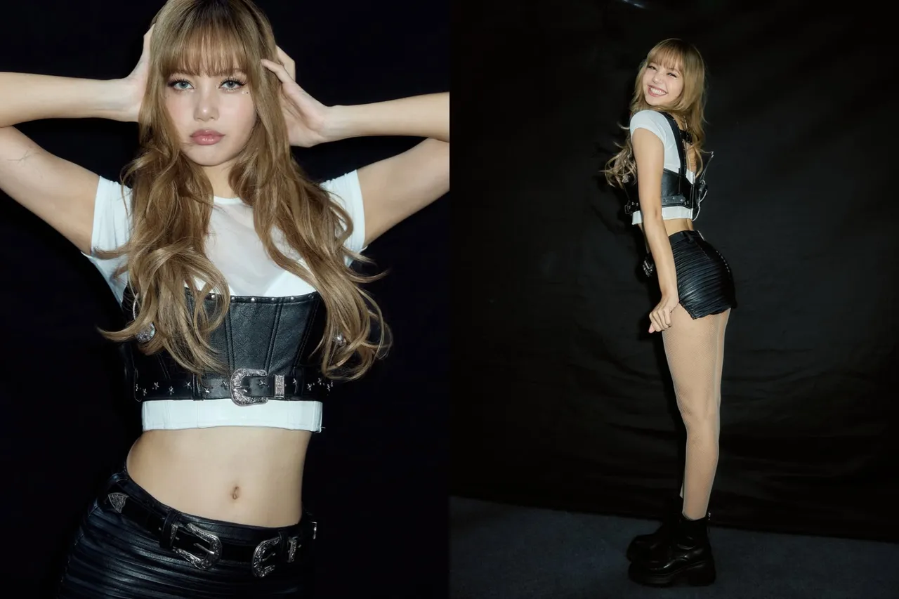 Lisa以黑色皮革马甲、短裙搭配肤色网袜,并踩上D+AF的绑带短靴。翻摄Lisa IG