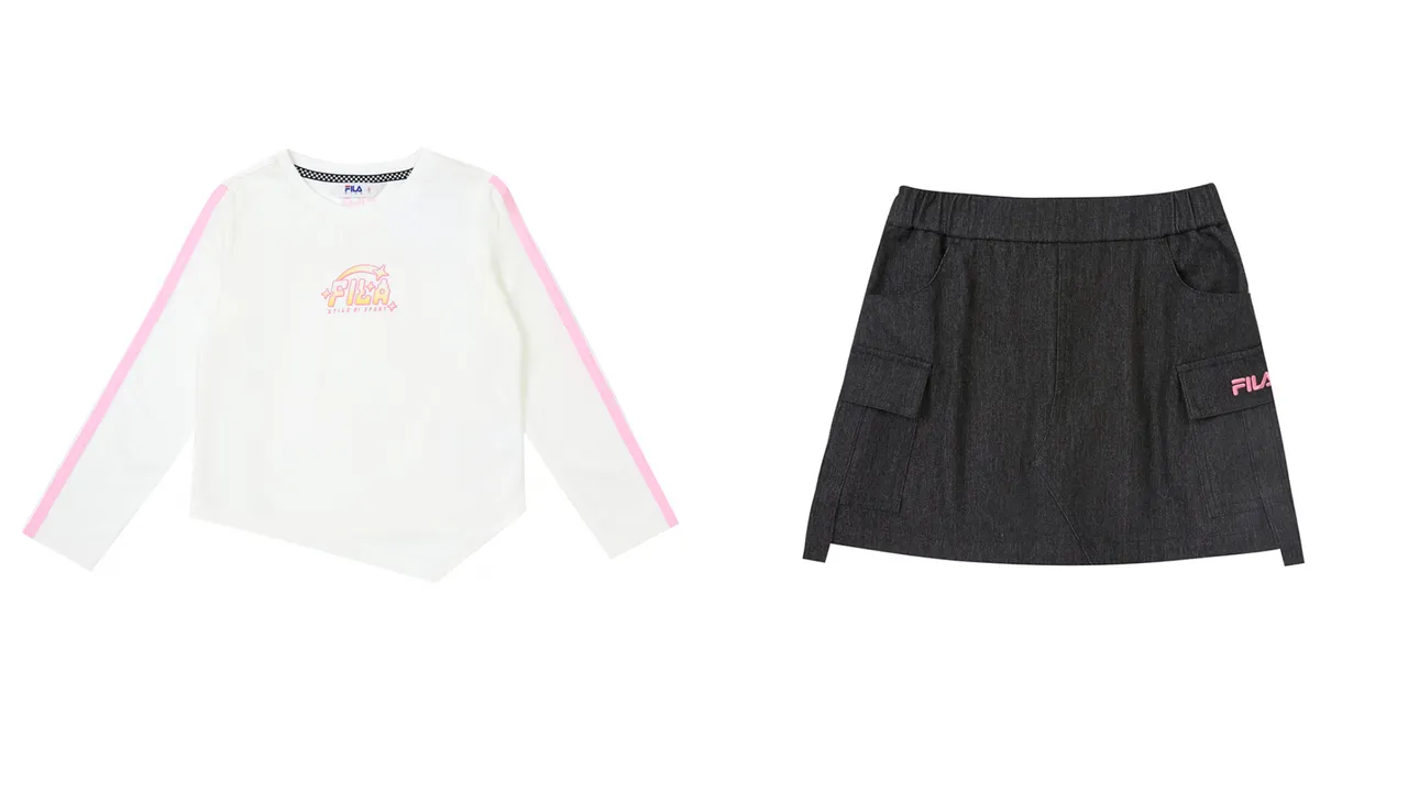 FILA KIDS PIXEL 糖果曲线上衣(左)1580元、仿牛仔裤裙(右)2480元。品牌提供