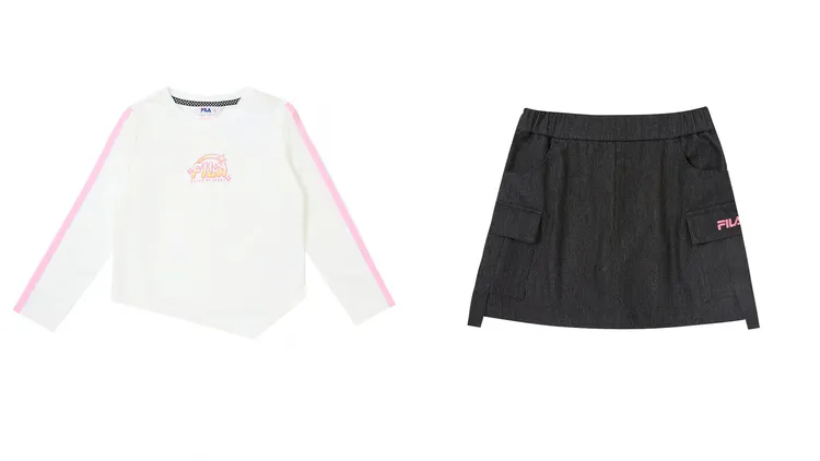 FILA KIDS PIXEL 糖果曲線上衣（左）1580元、仿牛仔褲裙（右）2480元。品牌提供