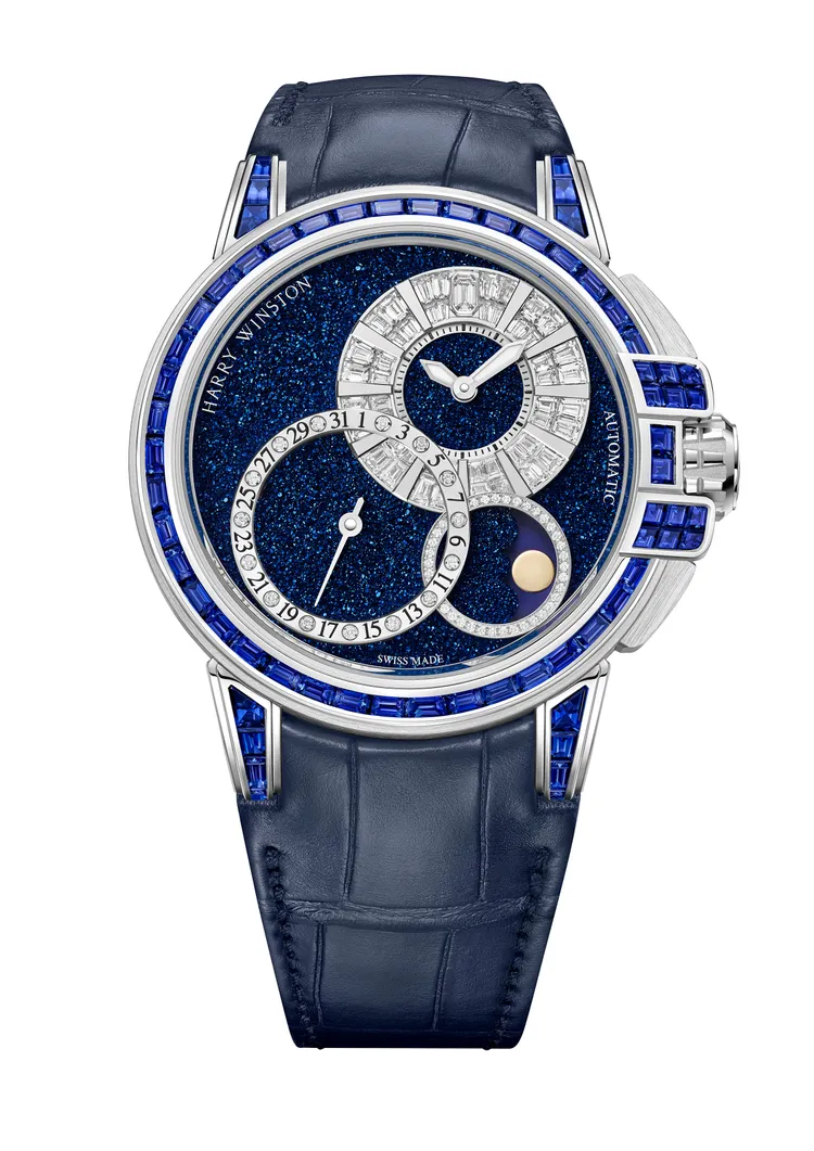 Harry Winston海洋Ocean系列Date Moon Phase Baguette 42毫米自動腕錶。品牌提供
