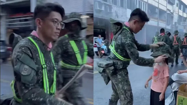 一名國軍將登山帽送給花蓮的小女孩，回應她的鼓勵。翻攝自threads_@lovemavisuu、@huangtsungling