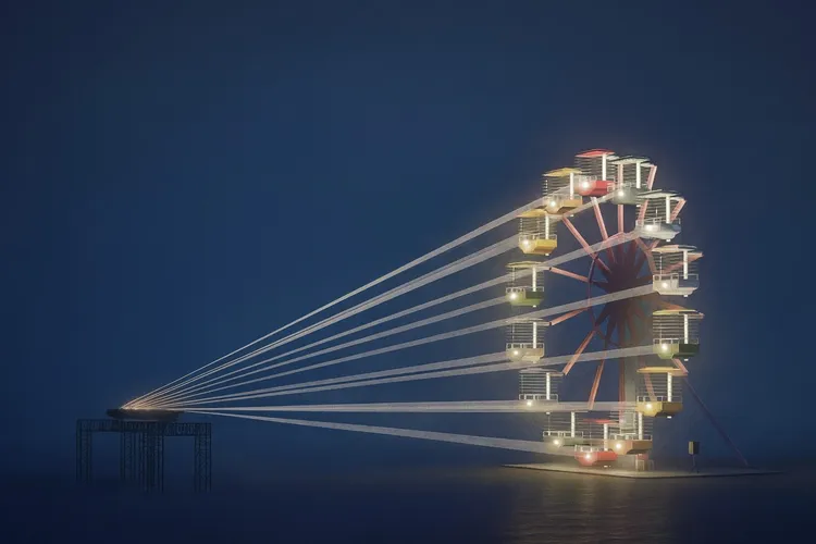 白昼之夜作品之一,姚仲涵利用旧儿童乐园摩天轮创作《光电兽_45一请支援收音》。北市文化局提供