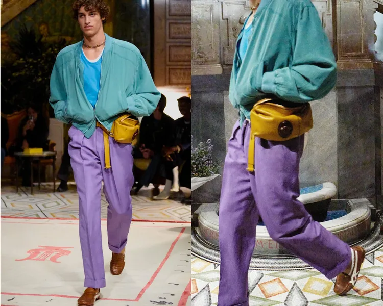 鬼塚虎、VERSACE聯名樂福鞋，以咖啡色鞋身搭搭配虎爪紋的雙重車縫線。品牌提供