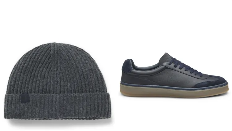 BECKHAM x BOSS系列灰色喀什米爾羊毛混紡毛帽（左）4400元、深藍色小牛皮休閒鞋（右）1萬3400元。品牌提供