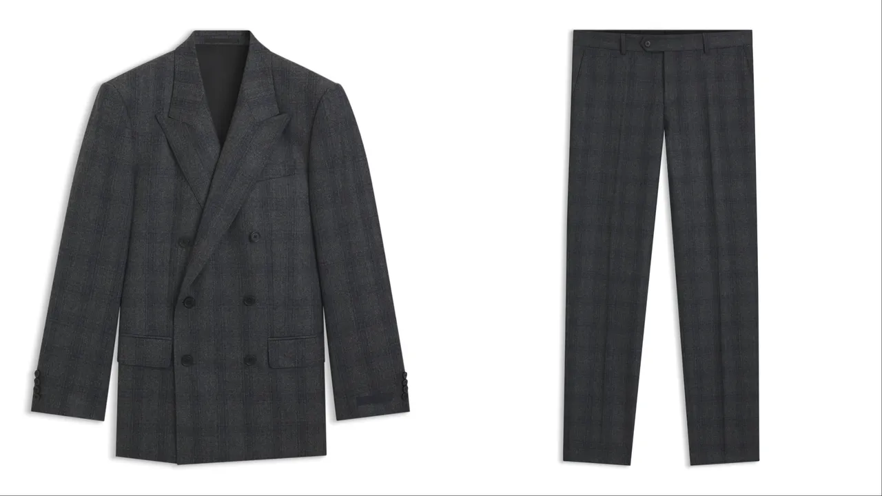 BECKHAM x BOSS系列深灰格纹双排扣羊毛西装外套(左)2万8400元、深灰格纹羊毛长裤(右)1万900元。品牌提供