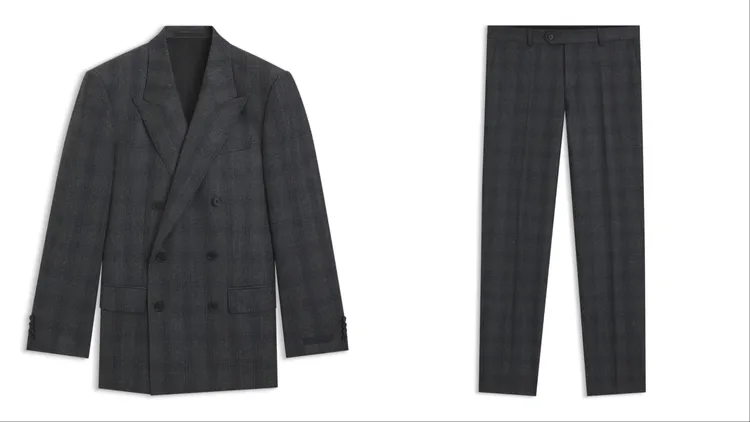 BECKHAM x BOSS系列深灰格紋雙排扣羊毛西裝外套（左）2萬8400元、深灰格紋羊毛長褲（右）1萬900元。品牌提供