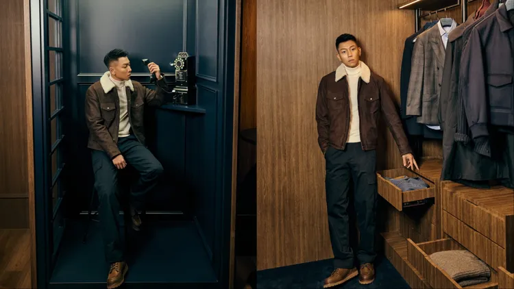 瘦子以翻領紅褐色小牛麂皮夾克，內搭米色高領針織衫與深藍色工裝褲。品牌提供