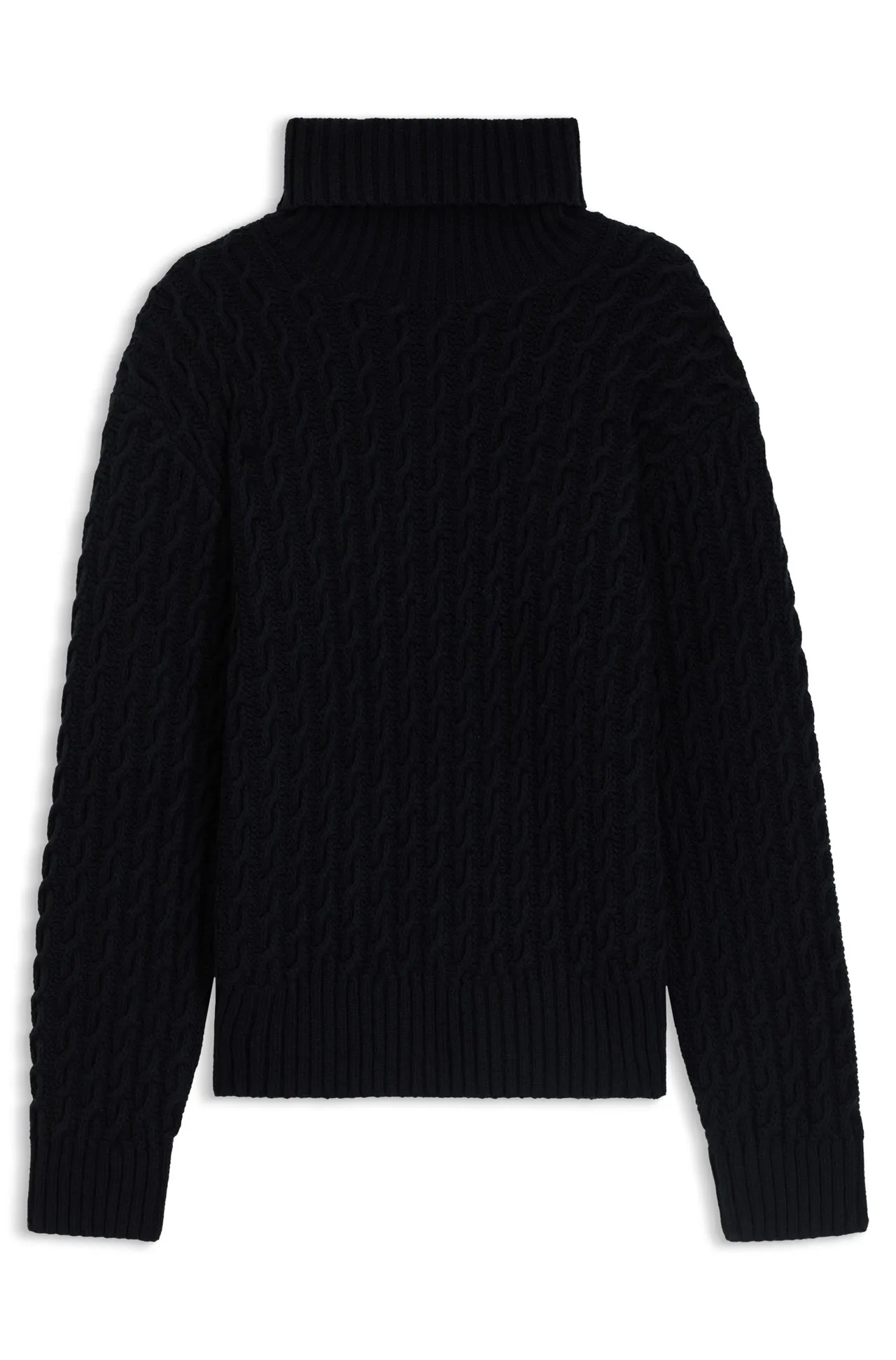 BECKHAM x BOSS系列深蓝色喀什米尔羊毛粗织高领毛衣,1万7400元。品牌提供
