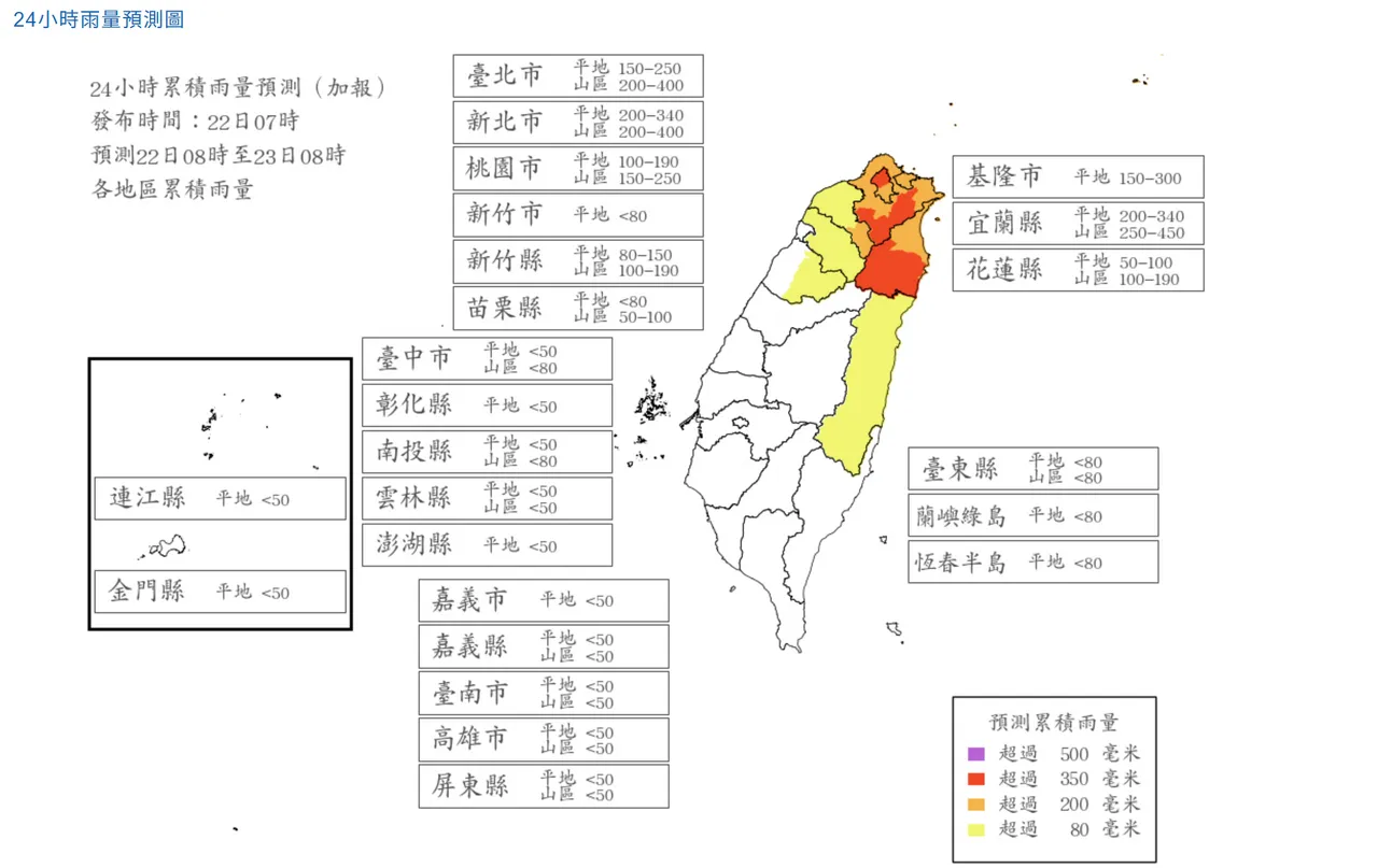 台北、新北、宜兰、桃园共4县市山区24小时雨量达停止上班上课标准。取自气象署官网