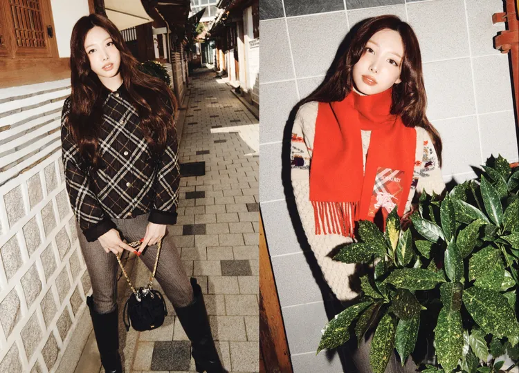 娜璉換上格紋外套、格式Logo的圍巾。品牌提供