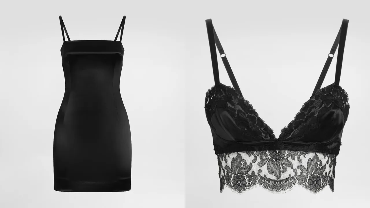 Dolce&Gabbana缎面细肩带短洋装(左)7万9000元、蕾丝内衣(右)6万元。品牌提供