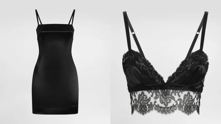 Dolce&Gabbana緞面細肩帶短洋裝（左）7萬9000元、蕾絲內衣（右）6萬元。品牌提供