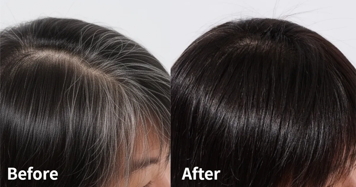 染前头顶有许多明显的白发;染后发色自然黑亮,发质柔顺。