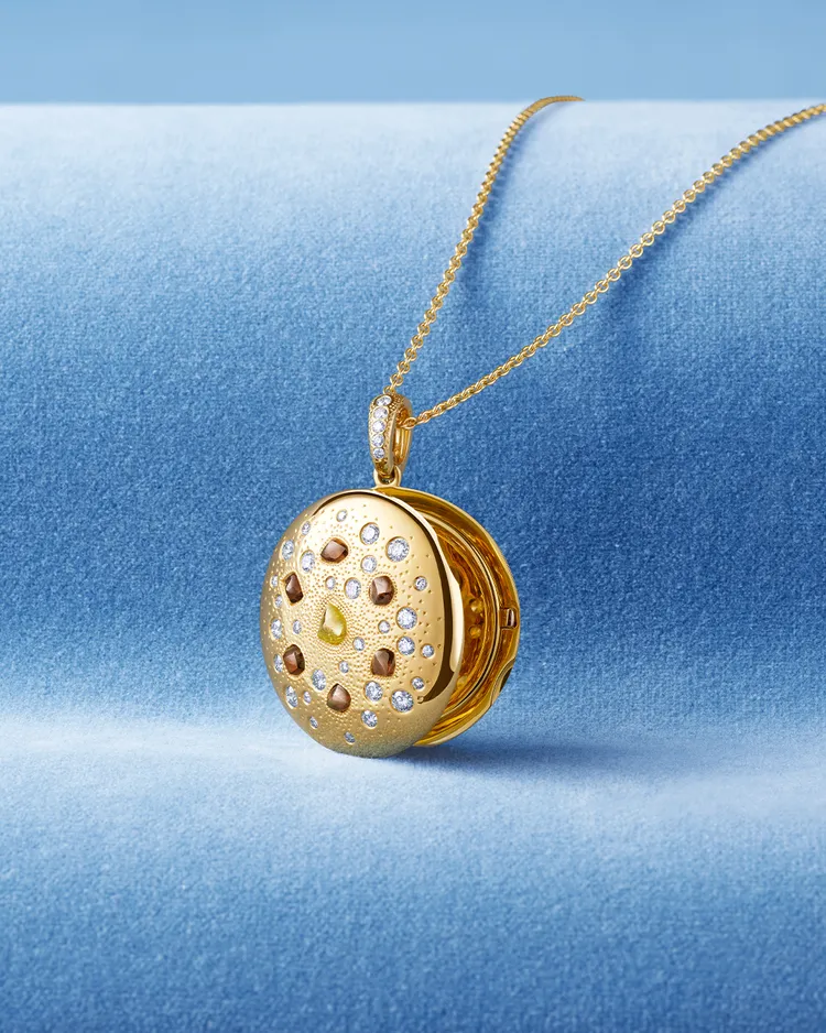 全新De Beers Talisman Locket 18K黃金鑽石圓牌吊墜項鍊。品牌提供