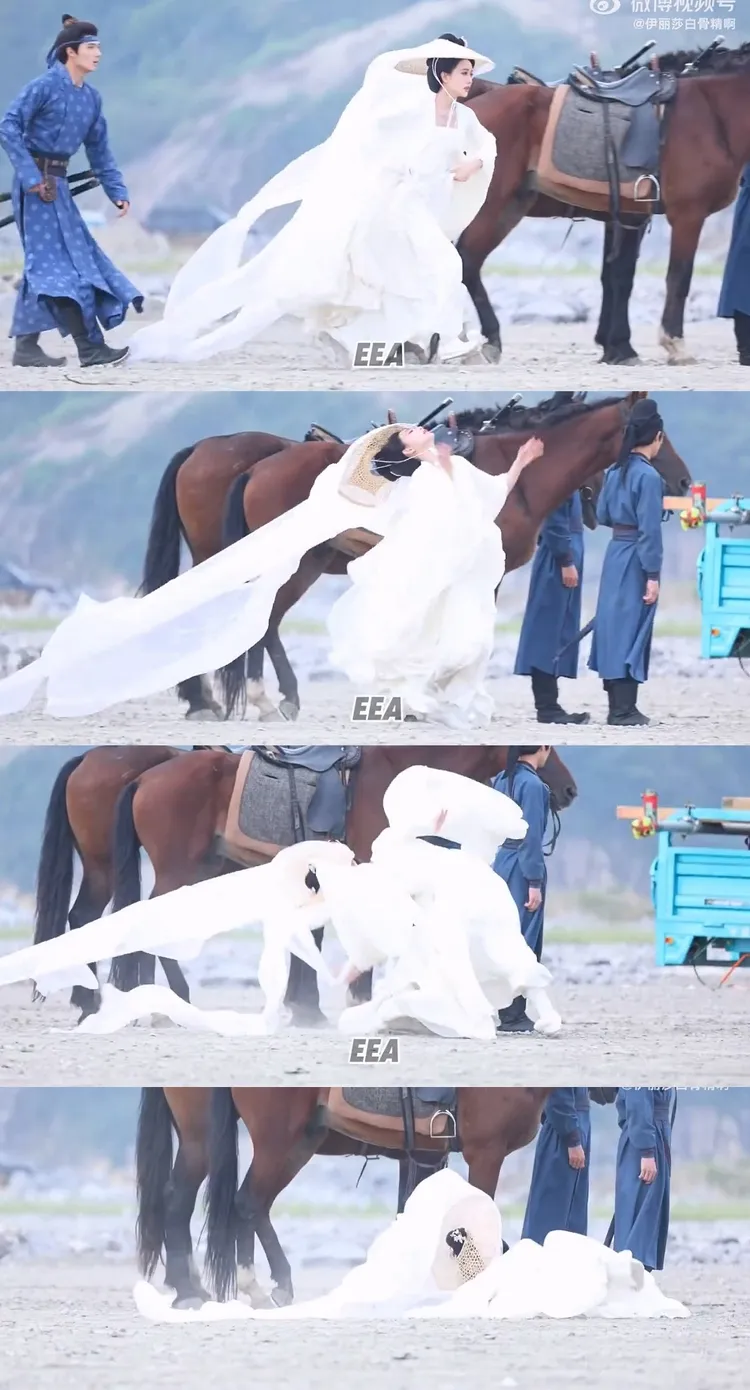 孟子義和吳漢坤拍奔跑戲，被後方的他踩到帷帽長垂紗，她瞬間後仰摔倒在沙石地上。翻攝伊麗莎白骨精啊微博