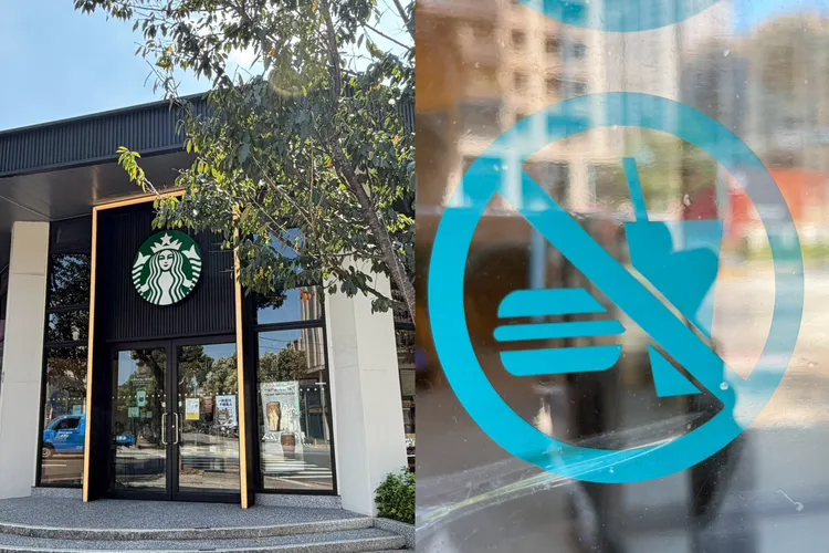 學生內用麥當勞的地點為星巴克林口中山店(圖左)，學校距離只有不到400公尺，前後門上都貼有「禁止外食」(圖右)的標示。曾佳俊攝