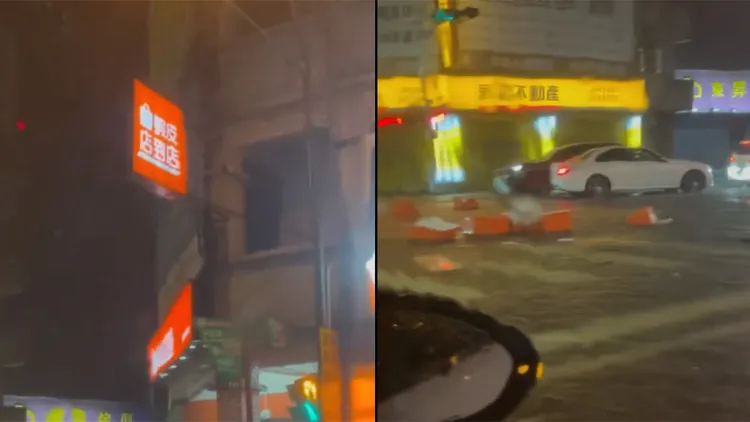 虾皮货物箱散落在淹水路面上。翻摄自threads_@lzh__06