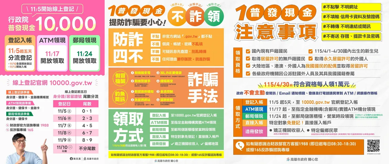 高雄市政府制作图表提醒普发1万注意事项，避免民众被诈骗集团盯上，蒙受财损。高雄市警局提供