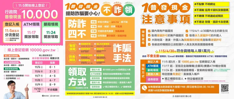 高雄市政府製作圖表提醒普發1萬注意事項，避免民眾被詐騙集團盯上，蒙受財損。高雄市警局提供