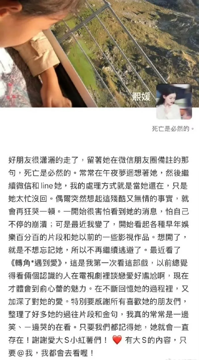 吴佩慈PO文怀念大S，附上大S微信朋友圈的头像与封面，照片中都有大S的小孩。翻摄吴佩慈小红书