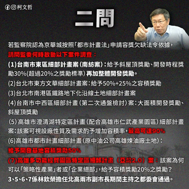 柯文哲點名監委調查南紡案、亞灣2.0等7案。翻攝自柯文哲臉書
