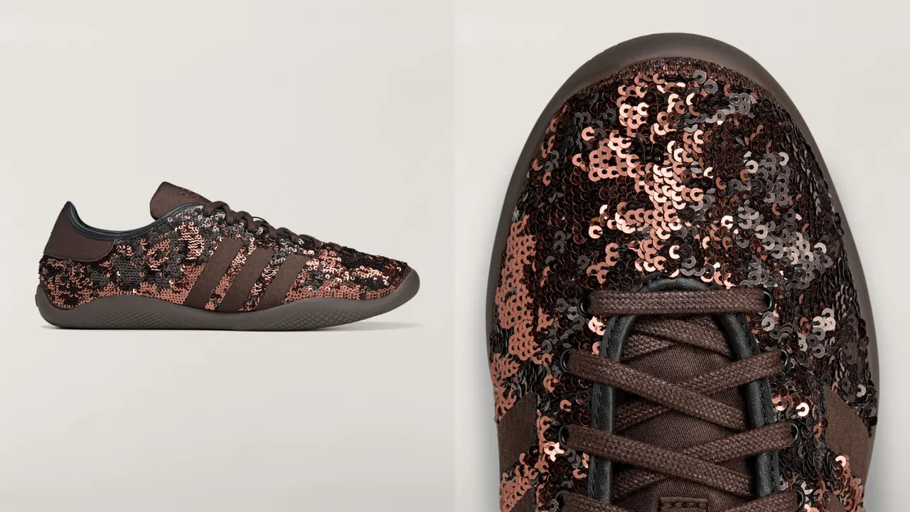 KARINTHA SEQUIN鞋型，鞋身则布满古铜色与玫瑰金色渐层亮片。品牌提供