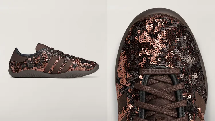 KARINTHA SEQUIN鞋型，鞋身則佈滿古銅色與玫瑰金色漸層亮片。品牌提供