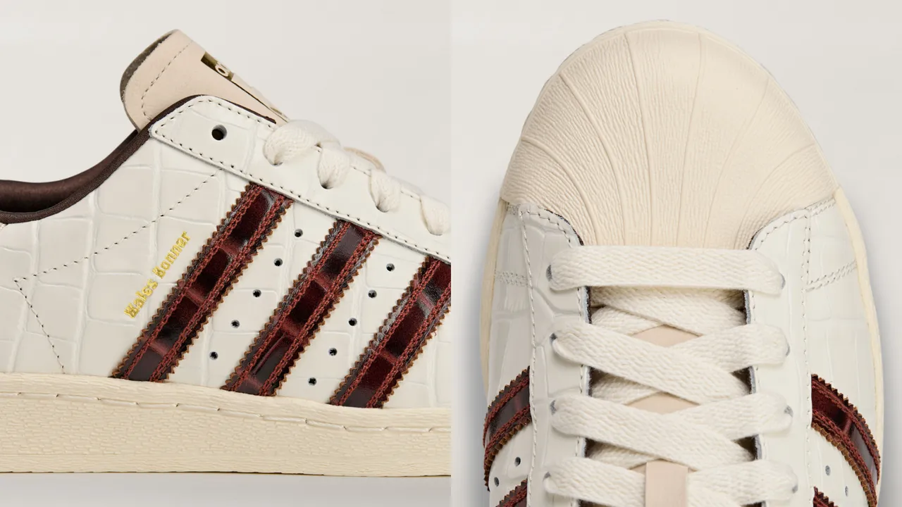 WB Superstar以纯白色皮革拼接酒红皮革，招牌贝壳鞋头与鞋底则运用米黄色呈现。品牌提供