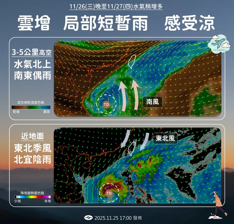 颱風高層水氣將在今晚到明天進入南海後，隨西南風帶往台灣。中央氣象署